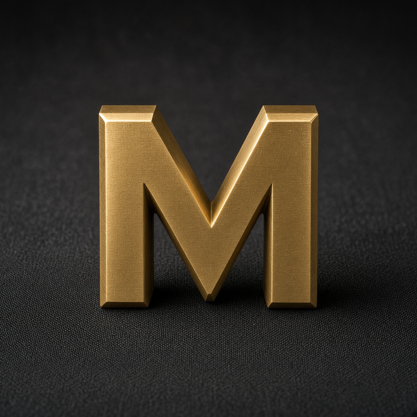 Machined brass letter M, the Markov mark as a desk object.