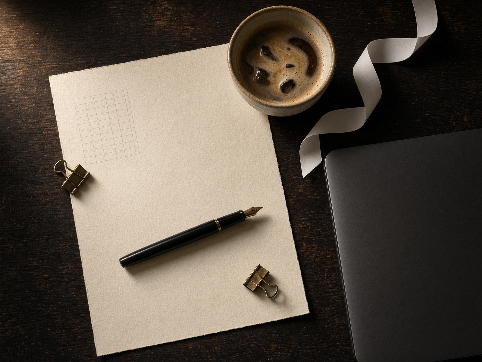 Overhead still life of a trading blotter, pen, and thermal tape.