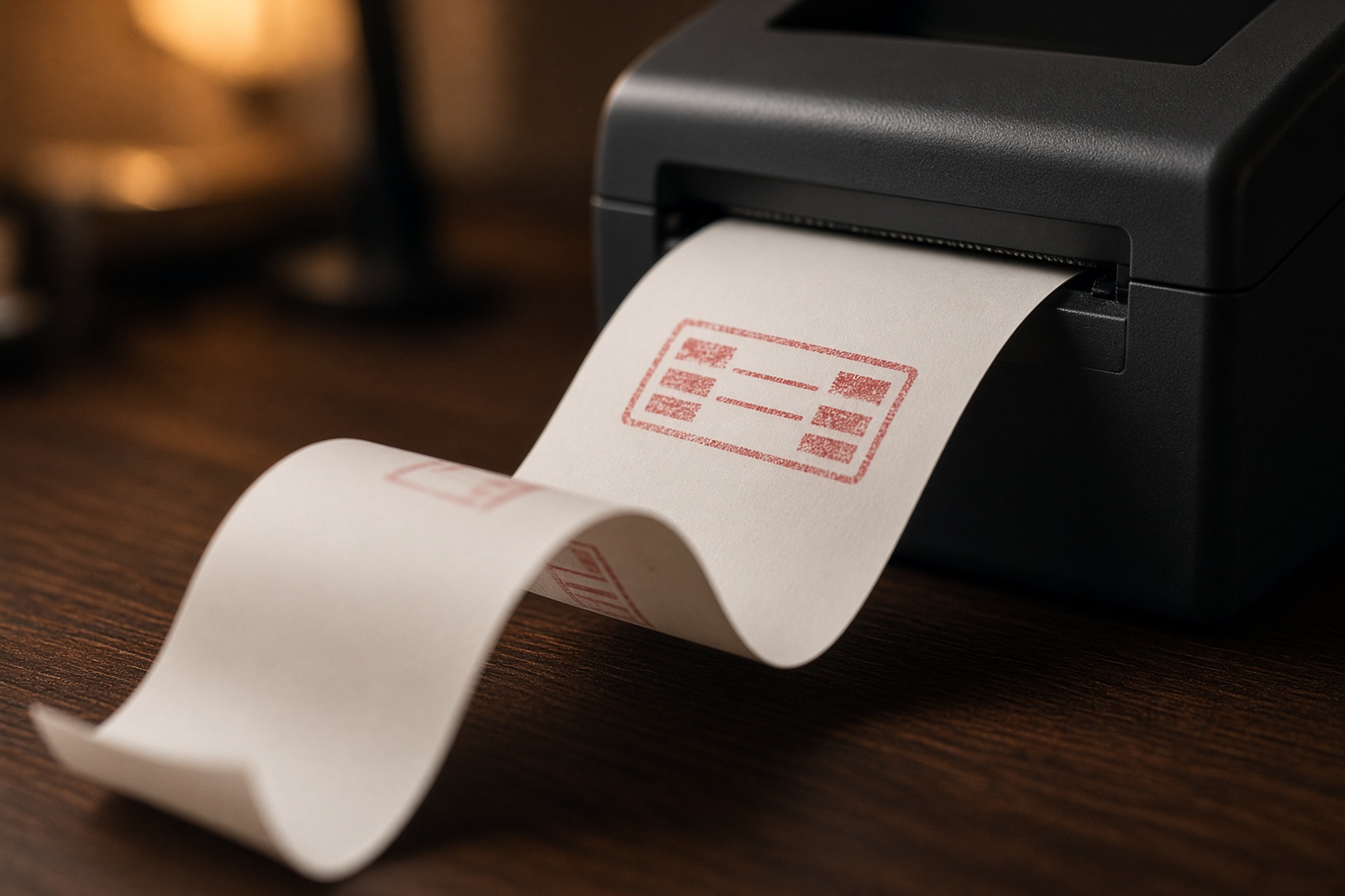 Thermal receipt tape coming off a printer, a red refusal stamp on the strip.