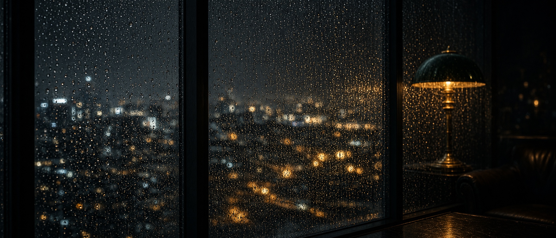 Rain on the office window at night.